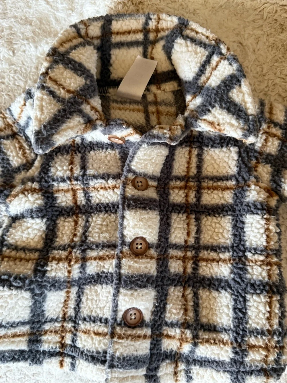 Carter's Plaid Sherpa Button-Up Jacket - Cream, Gray & Brown